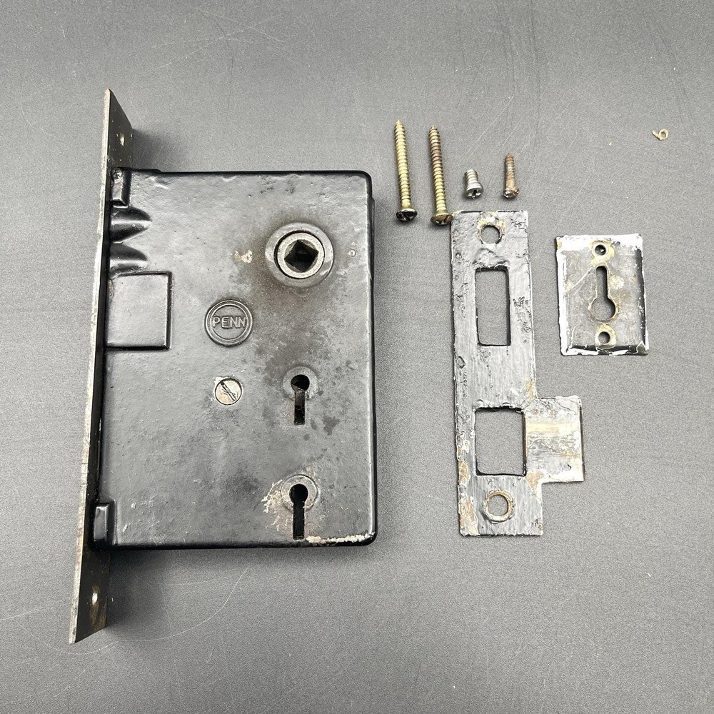 Vintage Penn Rim Lock Mortise Door Lock Set Black Iron Skeleton Key Lock